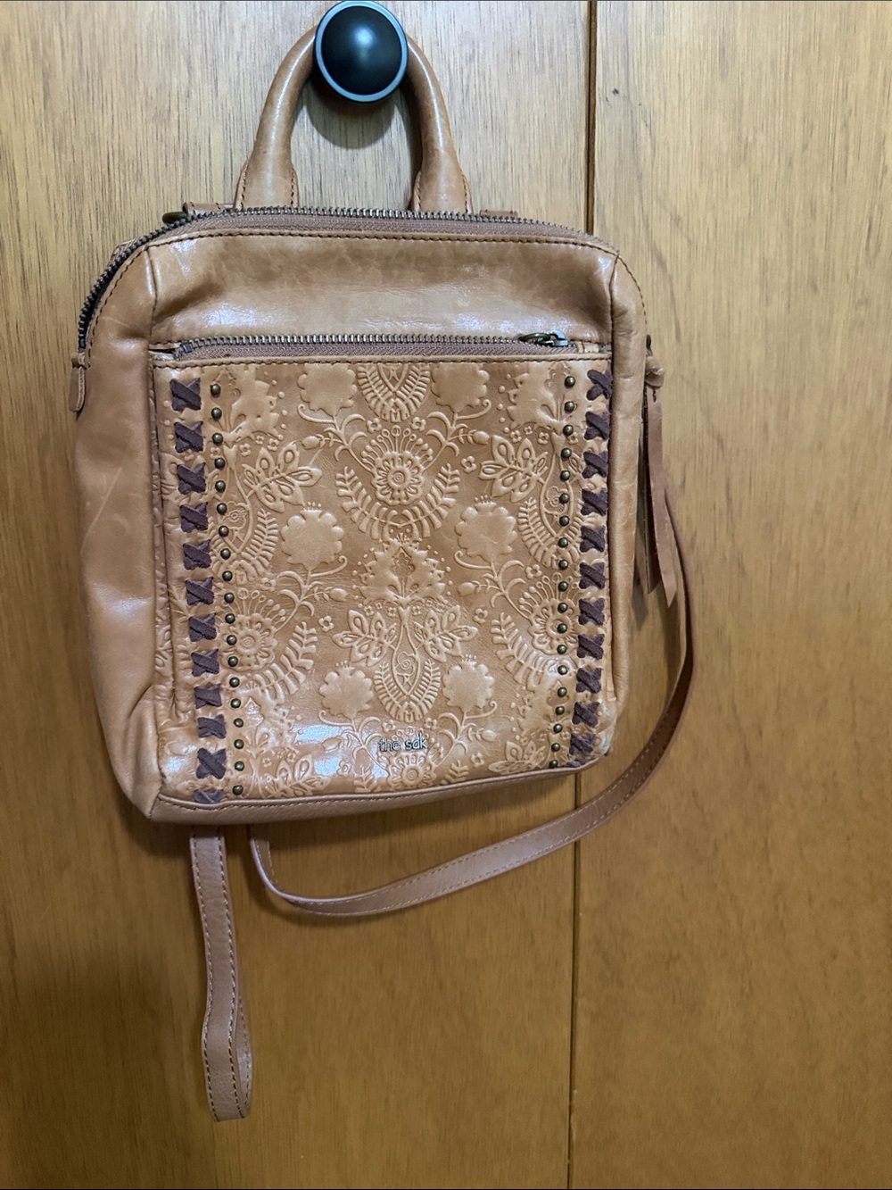 Embroidered Floral Tan Leather Crossbody Bag with Adjustable Strap
